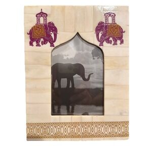 World Market Indian elephant 4x6 photo picture frame‎ Faux ivory inlay purple